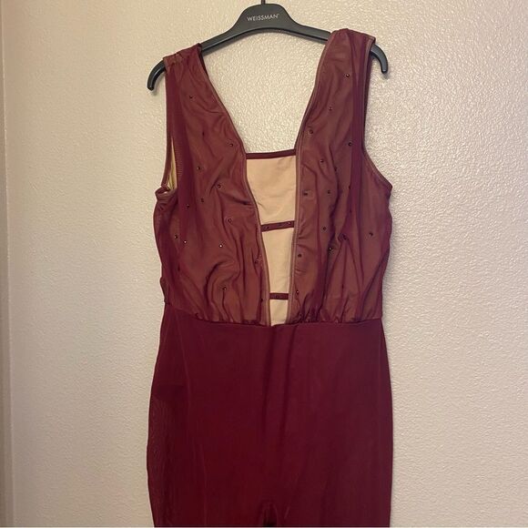 WEISSMAN Dance Costume Burgundy red jumpsuit Mesh Cropped Unitard SM11090 XLA - Picture 3 of 15